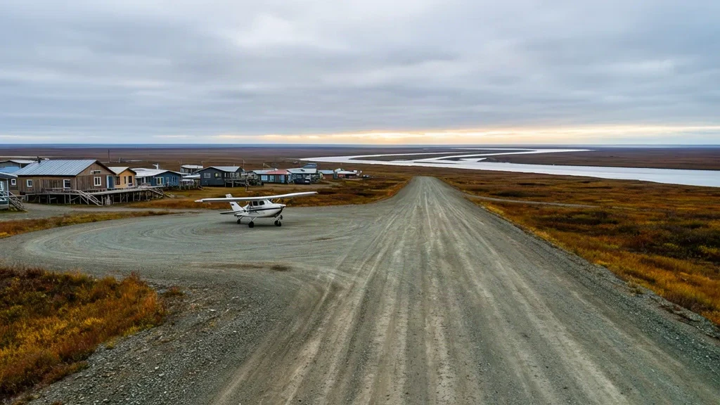 Gravel runway and apron at Napakiak Airport in Alaska, with a bush plane beside the Kuskokwim River and flat tundra.
