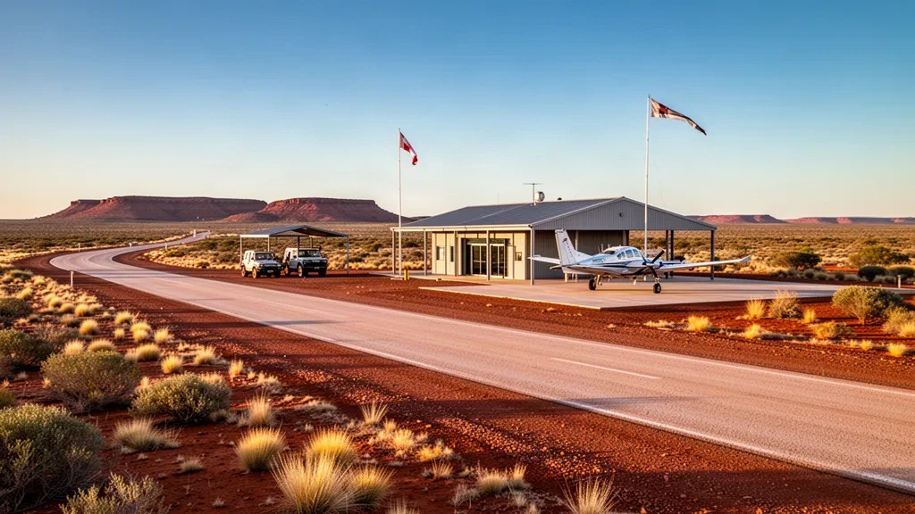 Remote outback airstrip at Windarra Airport in Western Australia with a light aircraft beside the runway at golden hour
