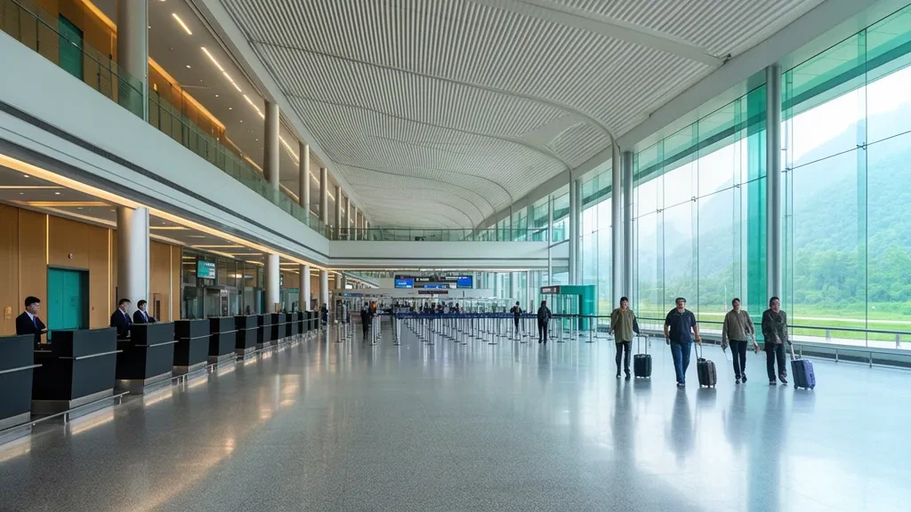 Interno spazioso della sala partenze dell'Aeroporto di Wenshan Puzhehei nello Yunnan, con banchi check-in, pareti in vetro e luce naturale
