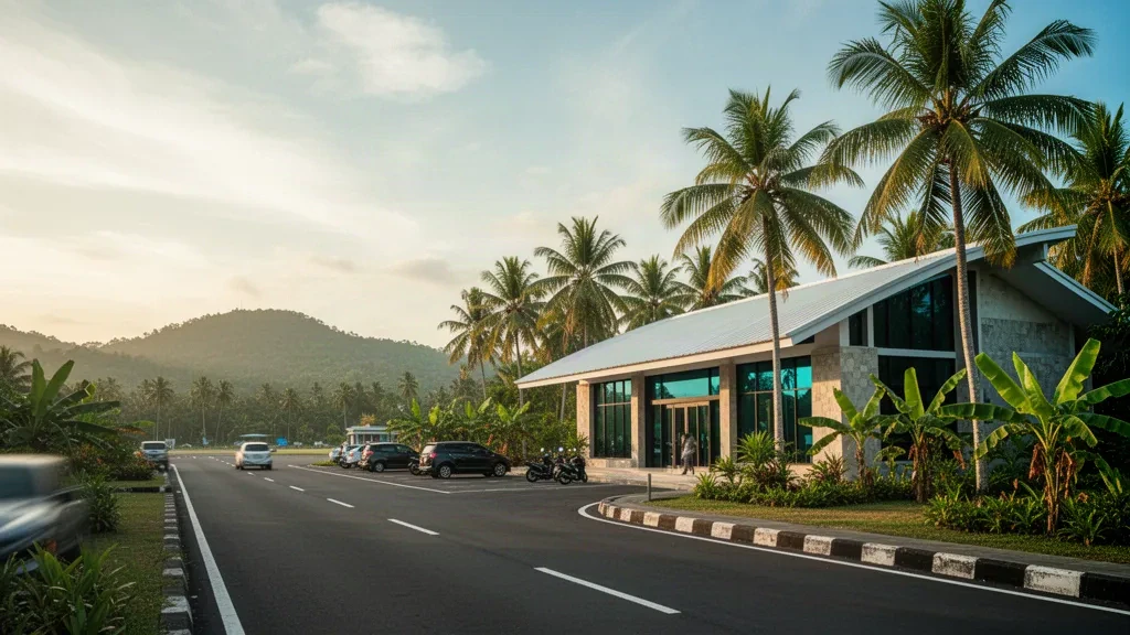 Extérieur moderne du terminal de l'aéroport de Matahora à Wakatobi avec des palmiers tropicaux, une voie de dépose ouverte et une lumière d'heure dorée