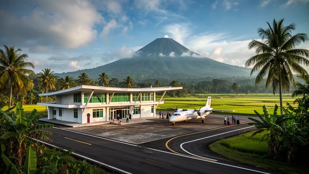 Tropisches Provinzflughafenterminal in Pili, Camarines Sur mit Palmen, Reisfeldern und einem Vulkan zur goldenen Stunde