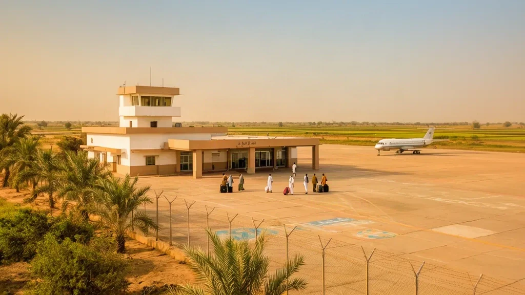 Terminal building and apron at Shaheed Benazirabad Airport (WNS) in Nawabshah, Pakistan, under a bright afternoon sky
