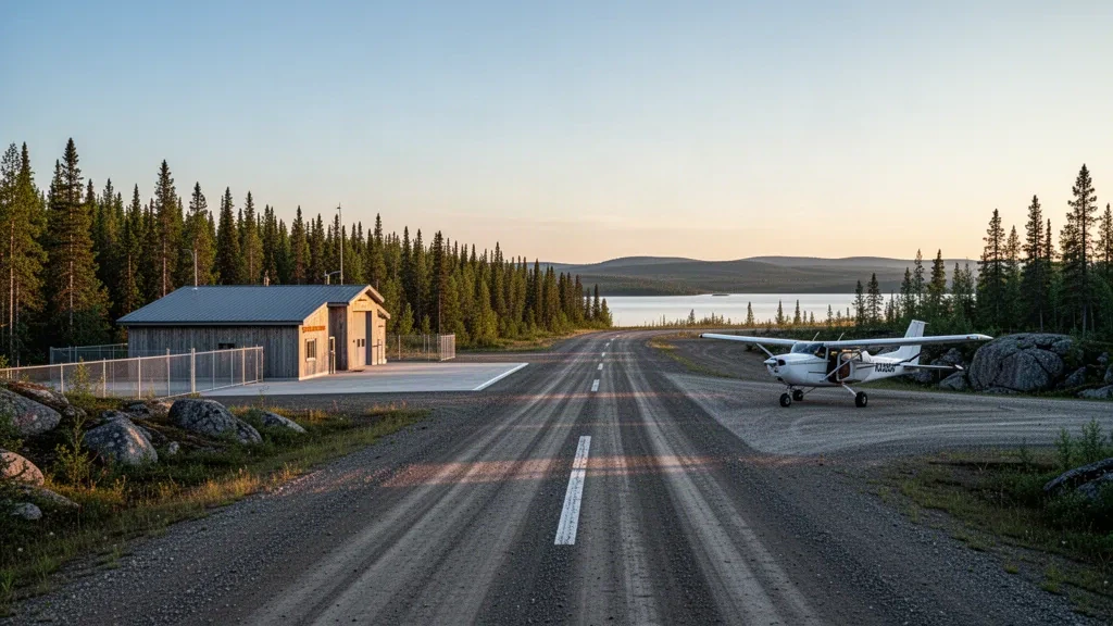 Piste en gravier isolée et petit terminal à l'aéroport de Wunnumin Lake, dans le nord-ouest de l'Ontario, entourés de forêt boréale sous une lumière dorée