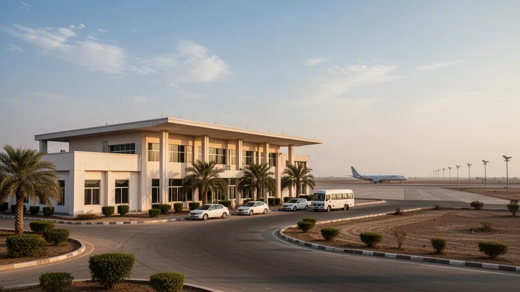 Terminal de faible hauteur et parvis de l'aéroport de Shaheed Benazirabad dans le Sindh, au Pakistan, avec un avion stationné sur l'aire de trafic à l'heure dorée