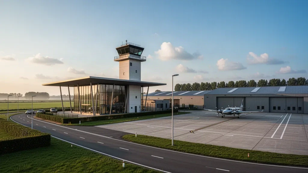 Edificio terminal moderno y torre de control en la base aérea de Woensdrecht, en los Países Bajos, durante la hora dorada, con hangares y una carretera de acceso tranquila