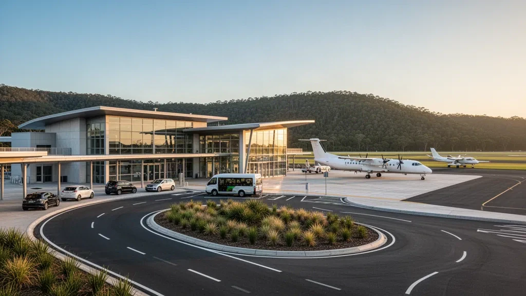 Terminal moderno e piazzale di sosta dell'Aeroporto di Shellharbour ad Albion Park Rail, Nuovo Galles del Sud, con la scarpata dell'Illawarra sullo sfondo durante l'ora d'oro.