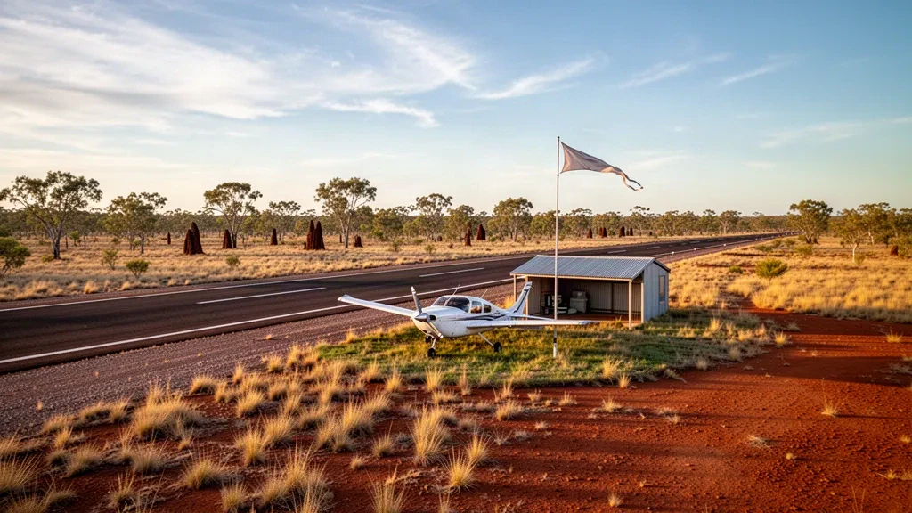 Piste d'atterrissage isolée de l'outback à l'aéroport de Wondoola, dans le Gulf Country du Queensland, avec un petit avion stationné sous un vaste ciel à l'heure dorée