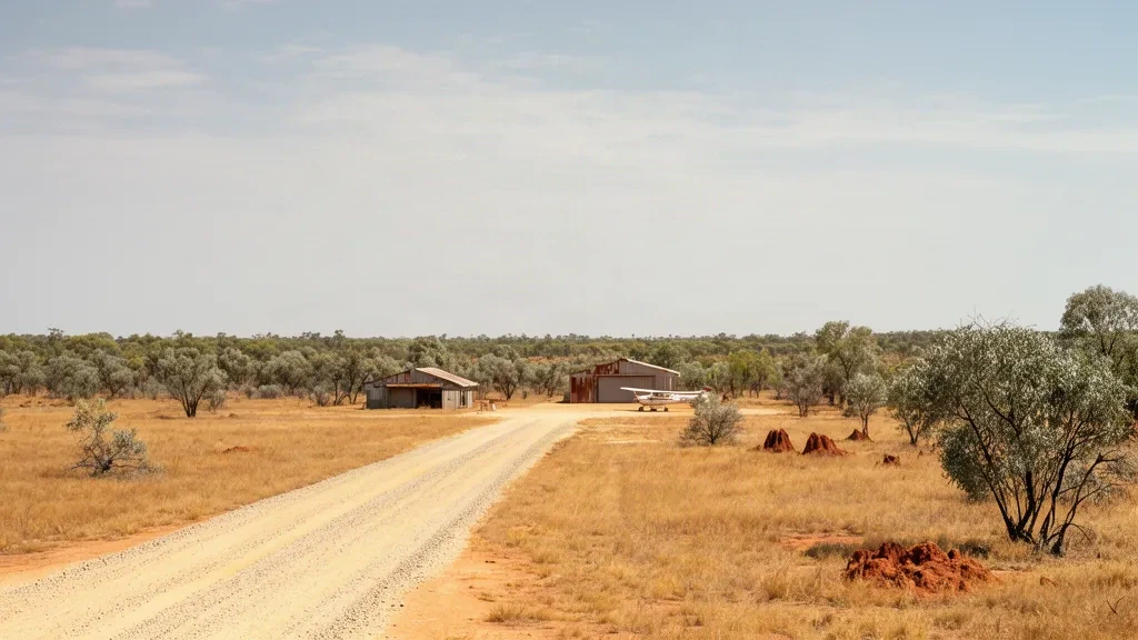 Piste de l'outback en gravier et petit hangar à l'aéroport de Wondoola WON, dans le nord du Queensland, avec un petit avion stationné près d'une savane sèche.
