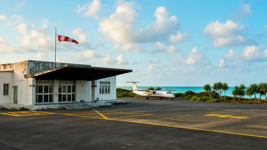 Petit terminal insulaire à l'aéroport de Wang'an à Penghu, Taïwan, avec une aire de stationnement tranquille, une manche à air et un horizon maritime turquoise