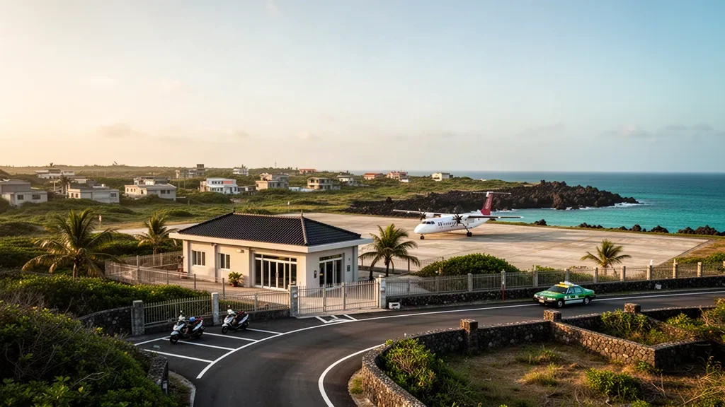 Piccolo terminal sull'isola e piazzale all'Aeroporto di Wang'an a Penghu, Taiwan, con un aereo regionale parcheggiato e la strada di accesso costiera all'ora d'oro.