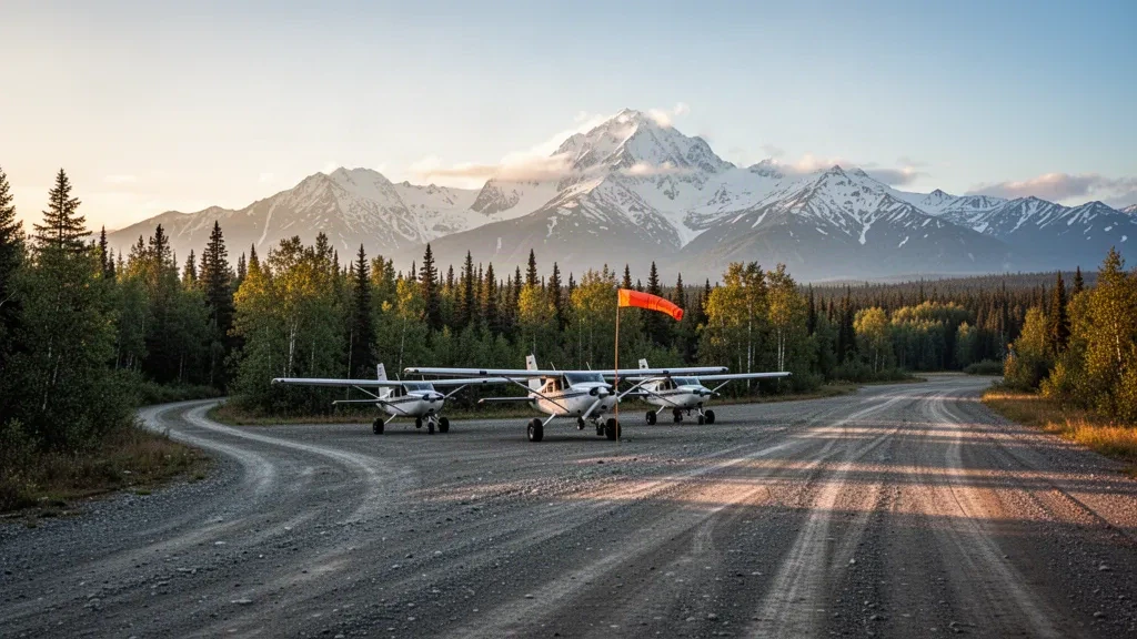 Gravel runway and spruce forest at Willow Airport in Alaska at golden hour, with small bush planes and distant Alaska Range peaks.