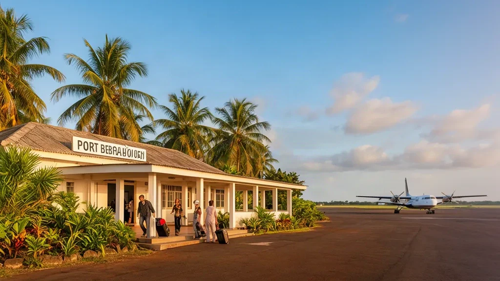 Vue extérieure du terminal de l'aéroport de Port Bergé WPB à Madagascar avec une végétation tropicale et un petit avion sur le tarmac.