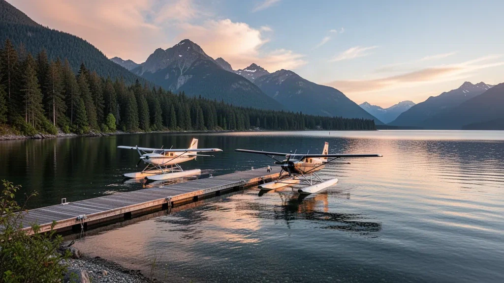 Floatplanes moored at a wooden dock on Powell Lake Seaplane Base in British Columbia at golden hour
