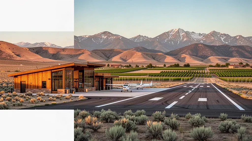 Piccolo terminal di aviazione generale e pista dell'Aeroporto di North Fork Valley a Paonia, Colorado, con le mesa sullo sfondo nell'ora d'oro