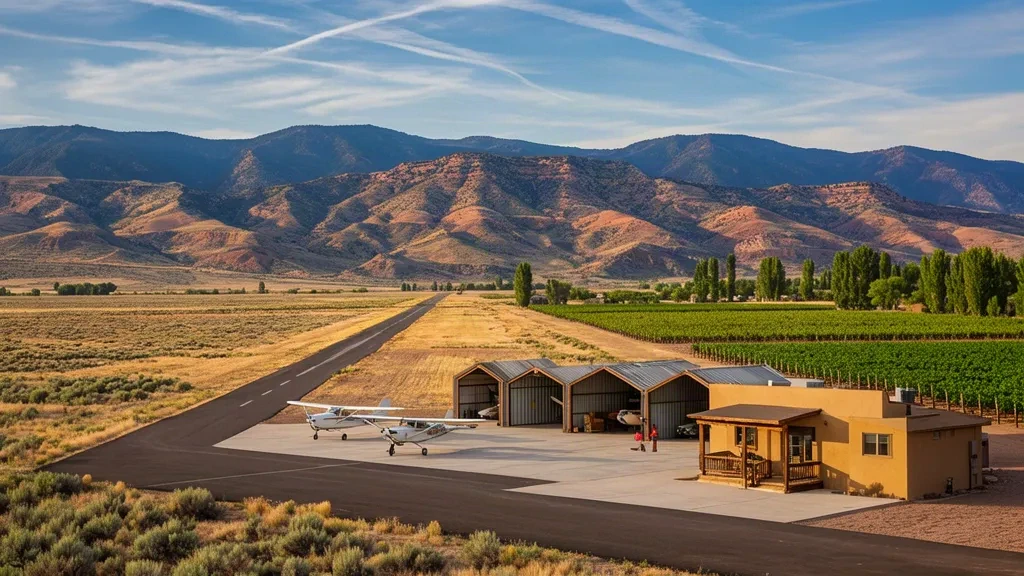 Piccolo piazzale di aviazione generale, hangar e sfondo montano all'Aeroporto di North Fork Valley a Paonia, Colorado