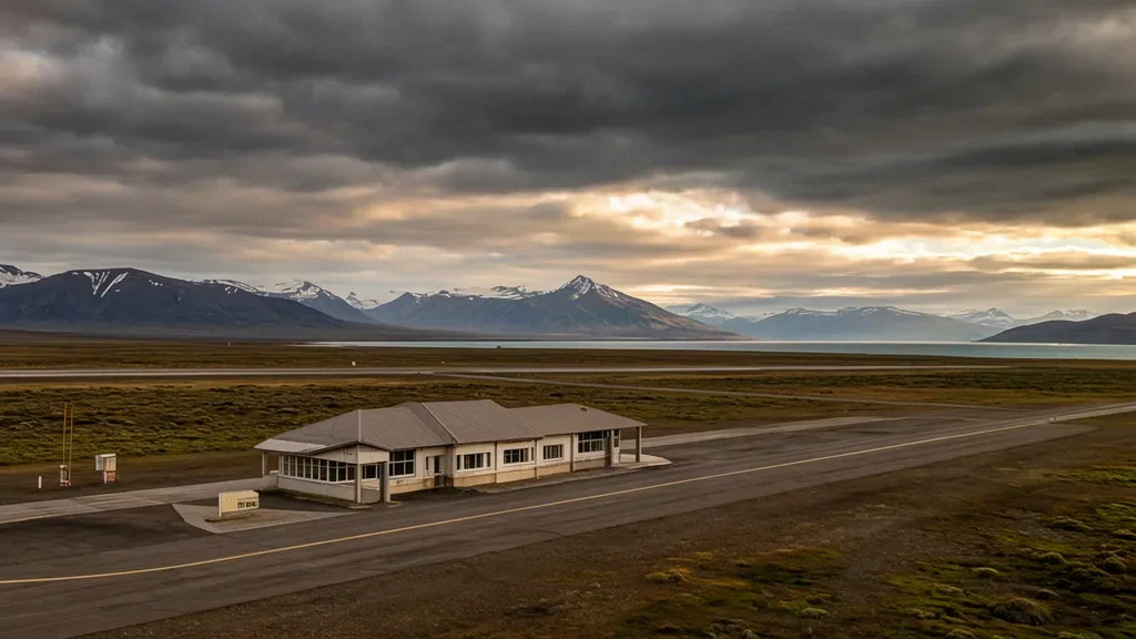 Exterior view of Captain Fuentes Martinez Airport terminal and runway in Porvenir, Chile, with Patagonian steppe and mountains under a cloudy sky.
