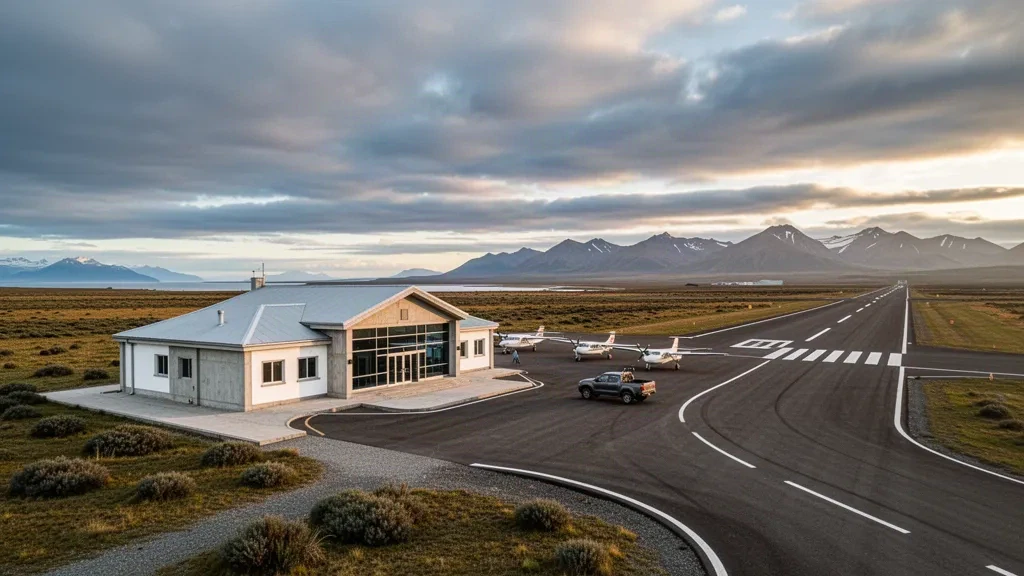Pequeño edificio terminal patagónico y pista en el Aeropuerto Capitán Fuentes Martínez en Porvenir, Tierra del Fuego, bajo un cielo dramático de hora dorada.