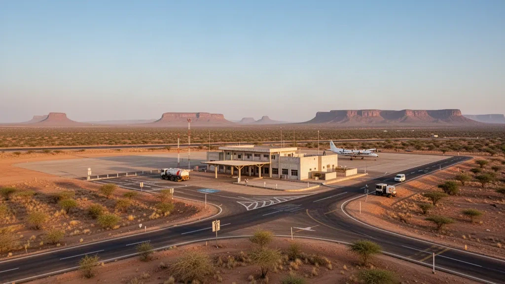 Terminal et piste de l'aéroport de Warder dans la région Somali en Éthiopie, entourés de broussailles arides sous une lumière chaude d'après-midi.