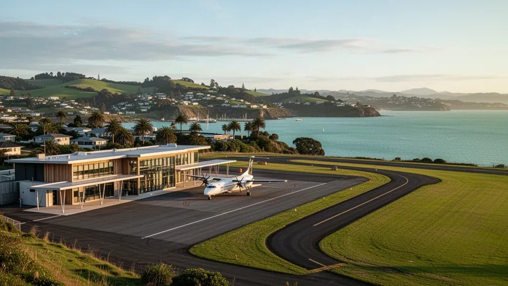 Terminal régional moderne et piste bordée d'herbe à l'aéroport de Whangarei à Onerahi, Nouvelle-Zélande, au bord de l'eau du port et des collines verdoyantes.