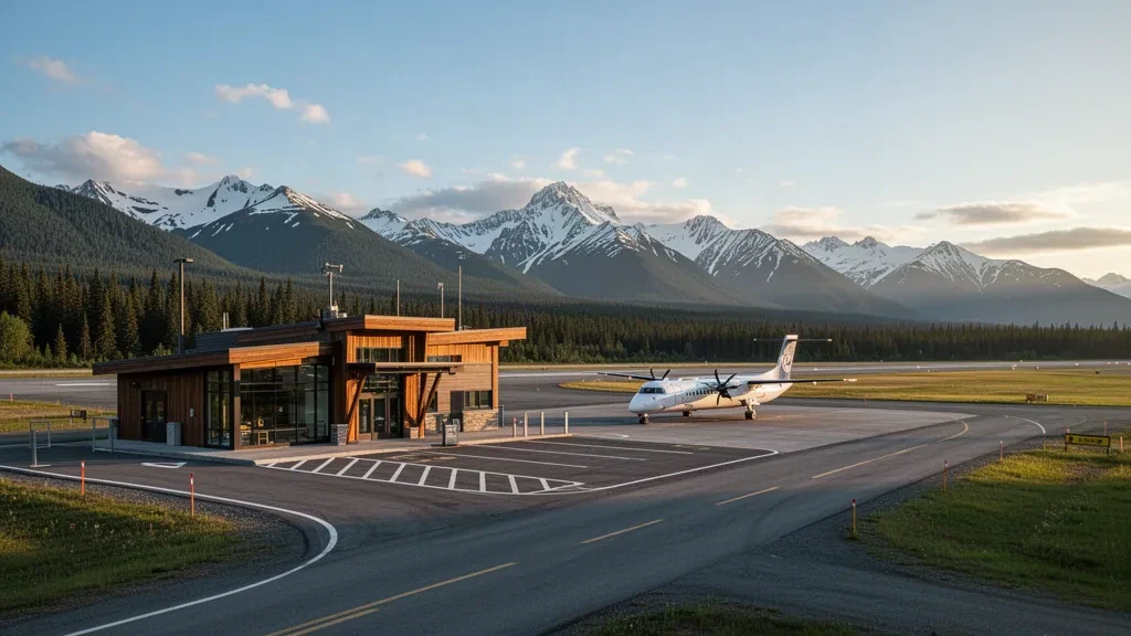 Alaska'da manzaralı dağ silüetiyle Wrangell Havalimanı terminali, pist ve çevresindeki Tongass Ulusal Ormanı.