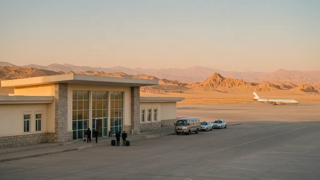 Low-rise Wuerhe Airport terminal in Xinjiang at golden hour, with Gobi desert and eroded yardang hills beyond the apron