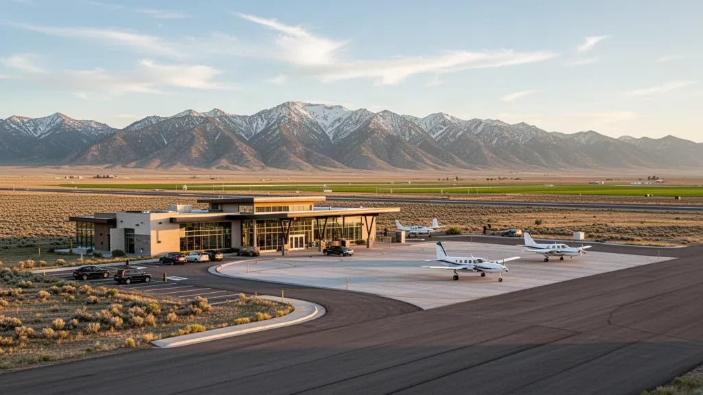 Terminal e piazzale dell'Aeroporto Municipale di Worland sotto le Bighorn Mountains durante l'ora dorata in Wyoming