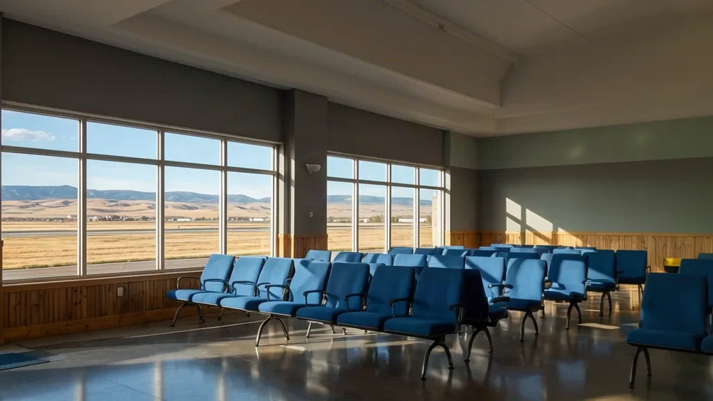 Interno del terminal dell'Aeroporto Municipale di Worland in Wyoming con sedute vuote, ampie finestre e luce naturale che si affaccia sull'area di volo.
