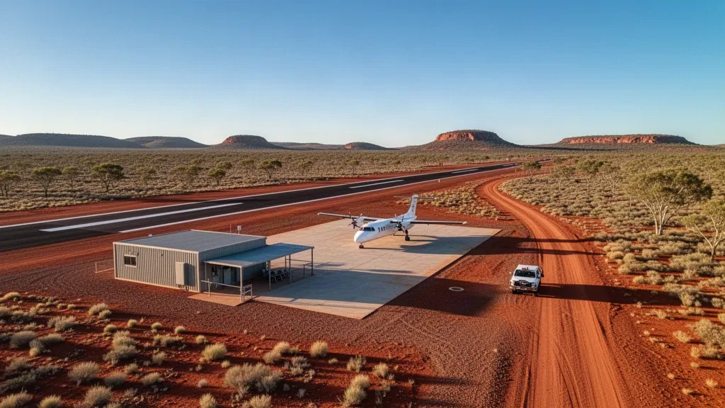 Remote outback airstrip and apron serving Windarling Airport in Western Australia, with red earth, scrub and a parked turboprop under golden light.