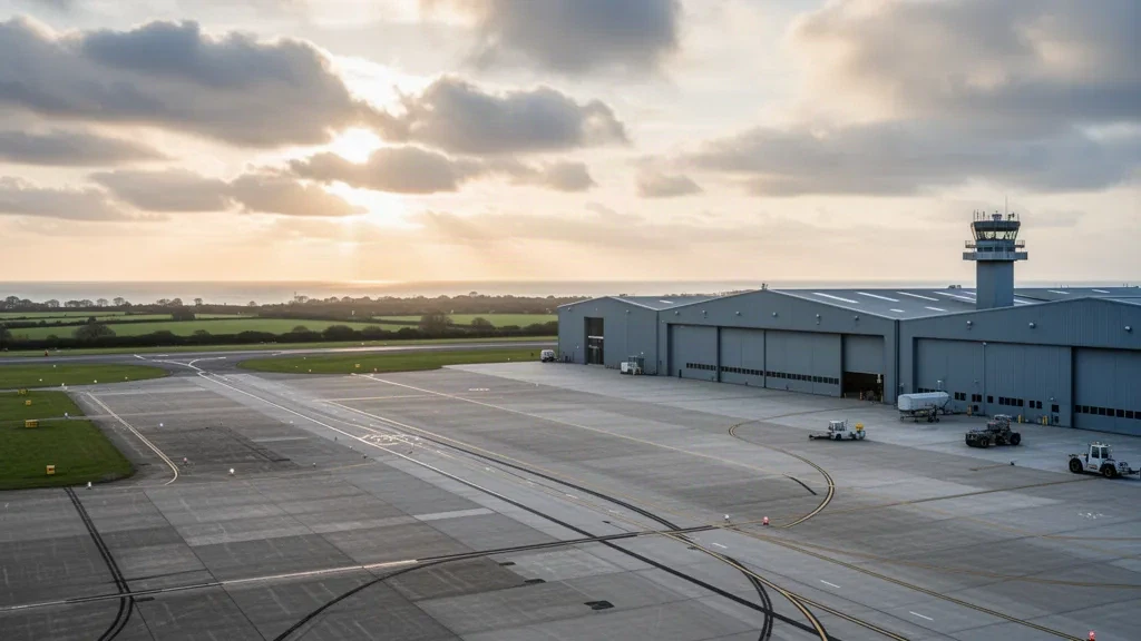 Wide view of Warton Aerodrome in Lancashire with hangars, apron and runway under soft golden-hour daylight