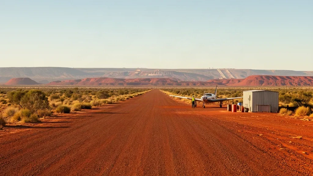 Pista in ghiaia lateritica e piccolo riparo dell'Aeroporto di Windarling nell'arido outback dell'Australia Occidentale sotto un cielo limpido