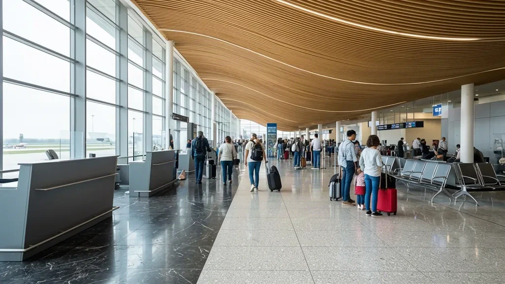 Interior de la sala de salidas del aeropuerto Copérnico de Wrocław con techo curvo de madera, paredes de vidrio y viajeros en la facturación