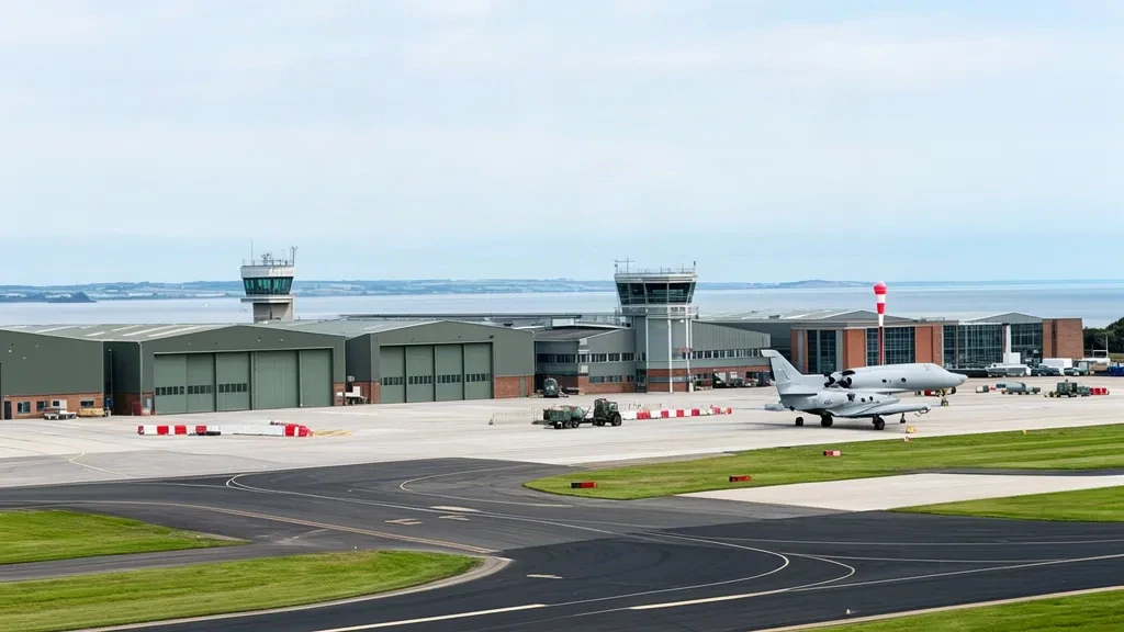 Hangars, Kontrollturm und Betonvorfeld am Warton Aerodrome in Lancashire unter einem weiten Küstenhimmel