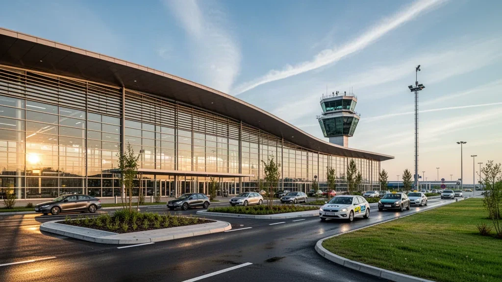Facciata moderna in vetro del terminal dell'Aeroporto Copernicus di Wrocław con tetto curvo e corsie di sosta tranquille all'ora d'oro