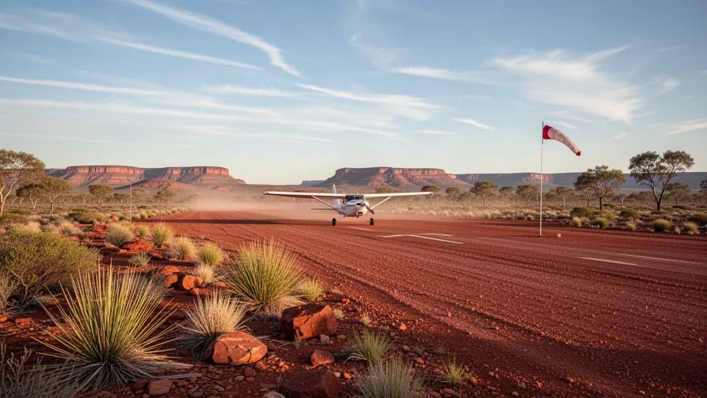 Piste d'atterrissage isolée en terre rouge à l'aéroport de Warrawagine, dans l'outback des Pilbara en Australie-Occidentale, à l'heure dorée, entourée de broussailles à spinifex