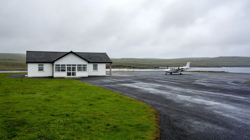 Small terminal exterior at Westray Airport in Orkney, Scotland, with windswept coastal fields and an overcast North Atlantic sky.