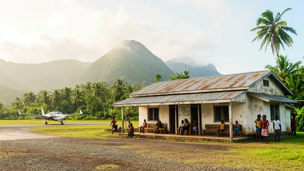 Vista exterior de la terminal del aeropuerto de Wasua WSA en Papúa Nueva Guinea con una pequeña pista y montañas tropicales.