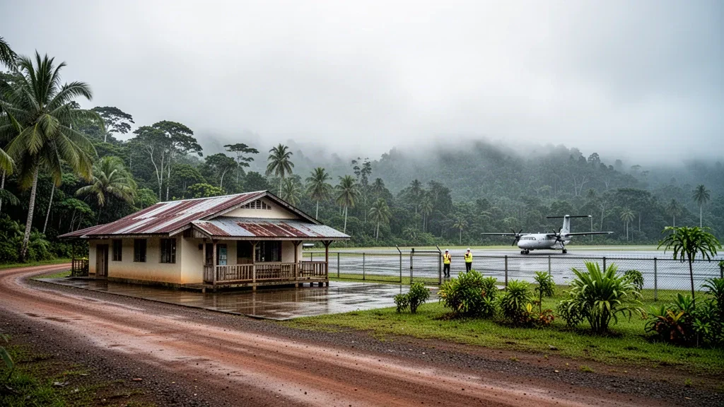Petit terminal tropical et aire de trafic de la piste de l'aéroport de Wasua en Papouasie-Nouvelle-Guinée sous une douce lumière matinale après la pluie