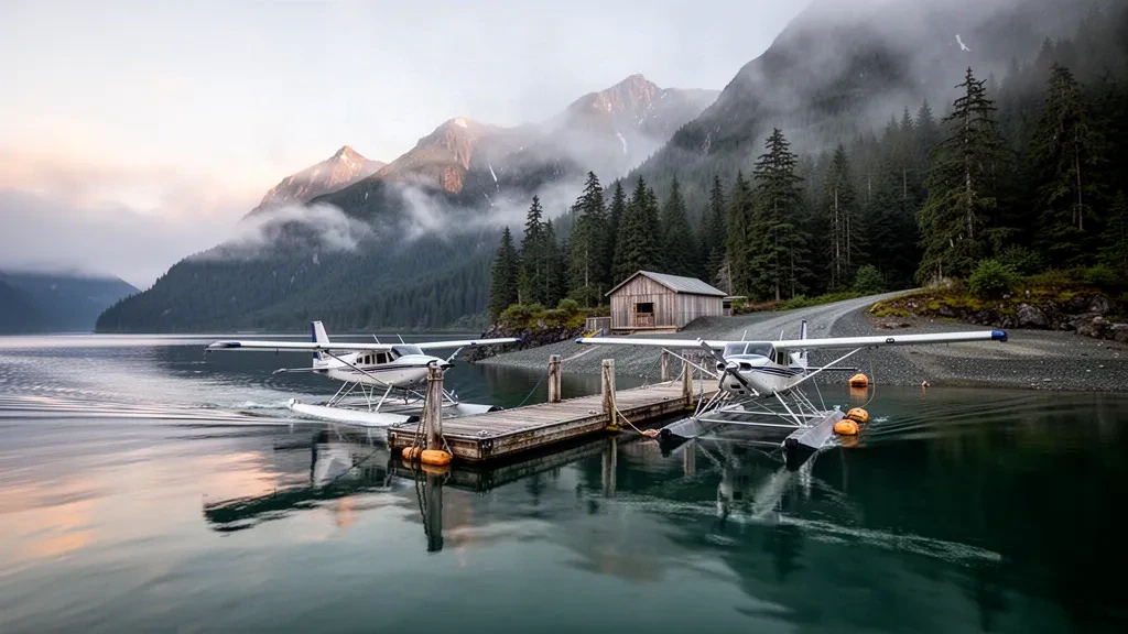 Idrovolanti ormeggiati a un pontile di legno su acque calme presso Steamboat Bay Seaplane Base nel sud-est dell'Alaska