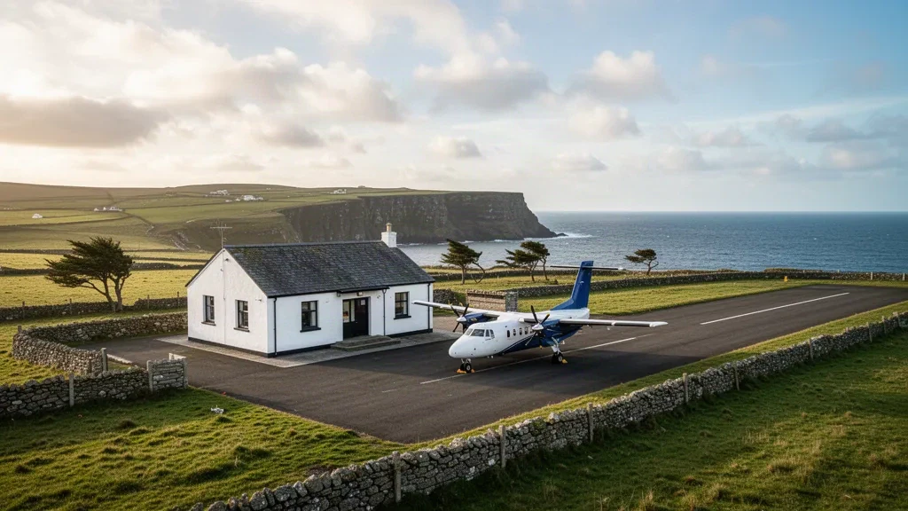 Piccolo aerodromo di Westray spazzato dal vento nelle Orkney, con un edificio terminal bianco, piazzale e pista sotto una luce dorata della sera.