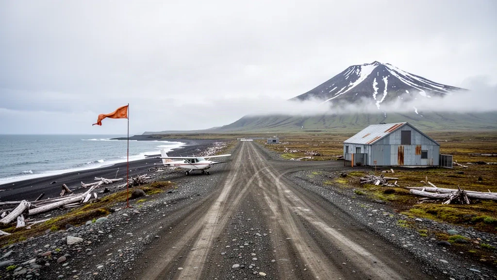 Alaska'daki Unimak Adası'nda Cape Sarichef Havaalanı'ndaki uzak çakıl pist ve tundra, volkanik zirveler ve kıyı sisi