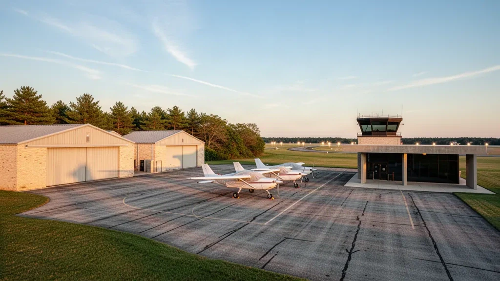 Velivolo monomotore ed hangar color beige sul piazzale dell'Aeroporto di Brookhaven Calabro a Shirley, New York, durante l'ora d'oro