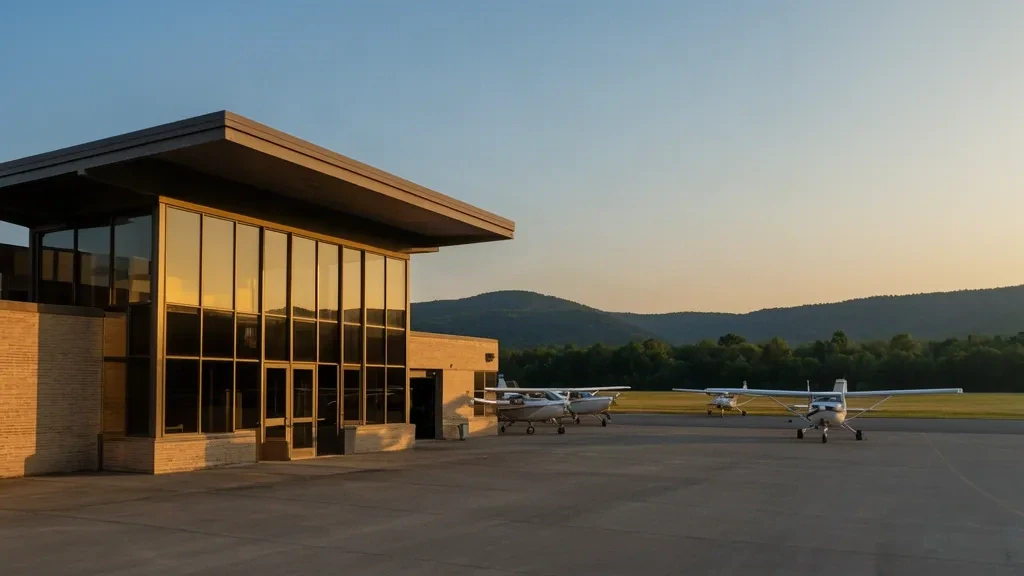Low brick terminal building and paved apron at Washington County Airport in Pennsylvania bathed in warm afternoon light