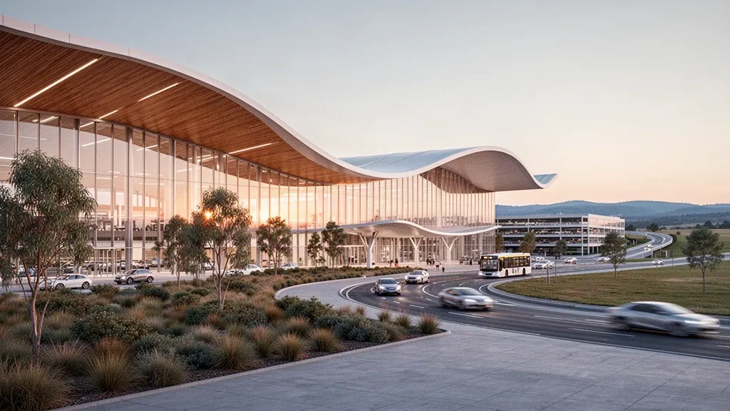Línea de techo blanca y curva de la terminal del Aeropuerto Internacional de Western Sydney que brilla durante la hora dorada sobre un patio exterior ajardinado y una vía de descenso