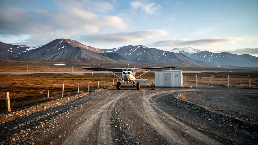 Schotterpiste und abgestelltes Buschflugzeug am Flughafen Wiseman in der Brooks Range in Alaska im Licht der goldenen Stunde