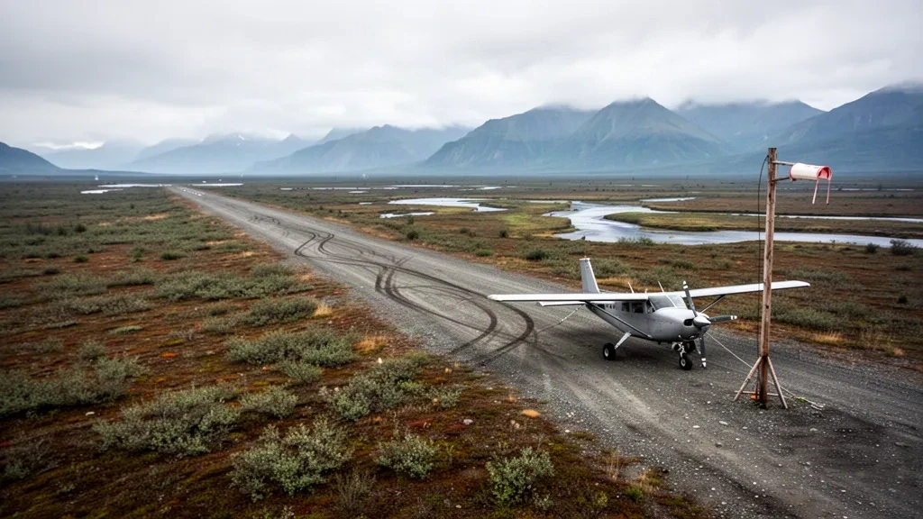 Abgelegene Schotterpiste am South Naknek Airport in Alaska, umgeben von Küstentundra und fernen Bergen unter bedecktem Himmel.