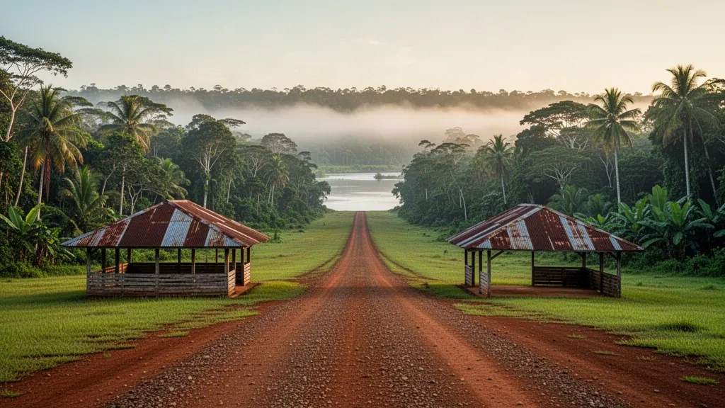 Abgelegene Landebahn aus Gras und Laterit inmitten des surinamischen Regenwaldes für den Flughafen Washabo, umrahmt von dichtem tropischem Baumbestand im Morgengrauen