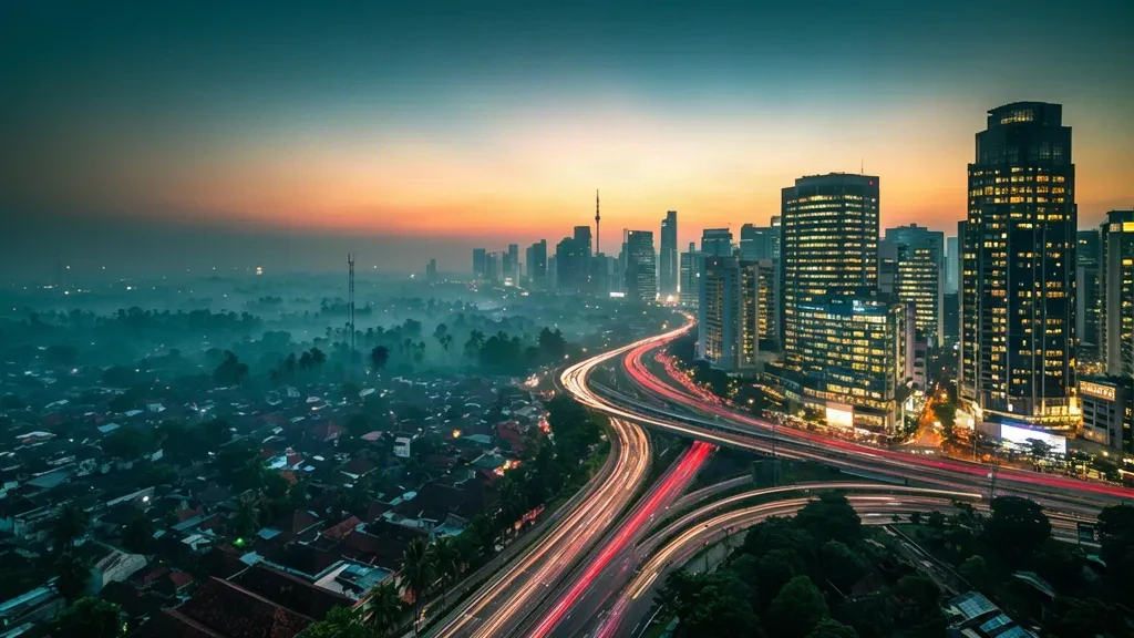 Skyline di Giacarta all'ora blu con scie luminose di un'autostrada sopraelevata, a rappresentare i viaggi e la mobilità urbana in Indonesia