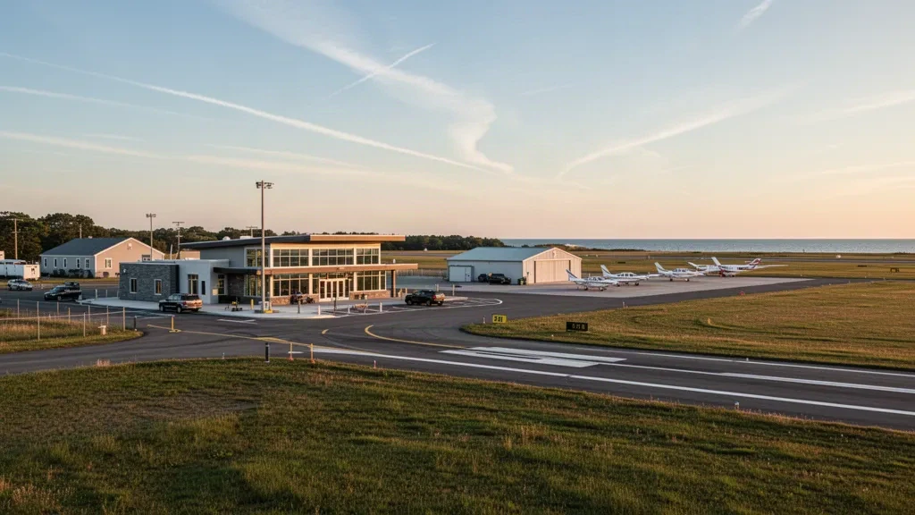 Westerly State Airport terminal and general aviation ramp at golden hour in coastal Rhode Island.
