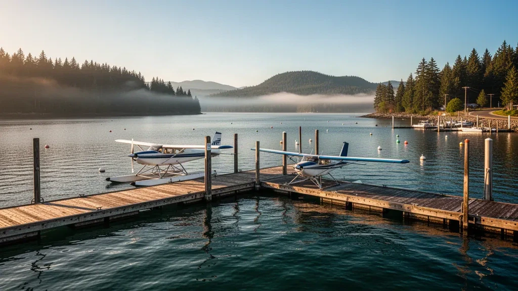 Seaplane dock and floatplane at Westsound Seaplane Base on Orcas Island, Washington, with forested islands and calm water at golden hour.