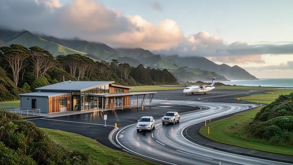 Low-rise regional airport terminal and apron with a parked turboprop, green hills and coastal clouds on New Zealand's West Coast near Westport